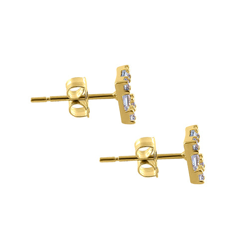 Solid 14K Yellow Gold Squared Round & Princess Cut CZ Earrings