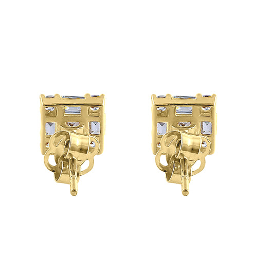 Solid 14K Yellow Gold Squared Round & Princess Cut CZ Earrings