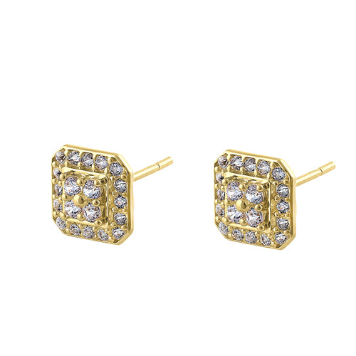 Solid 14K Yellow Gold Squared Halo Round CZ Earrings