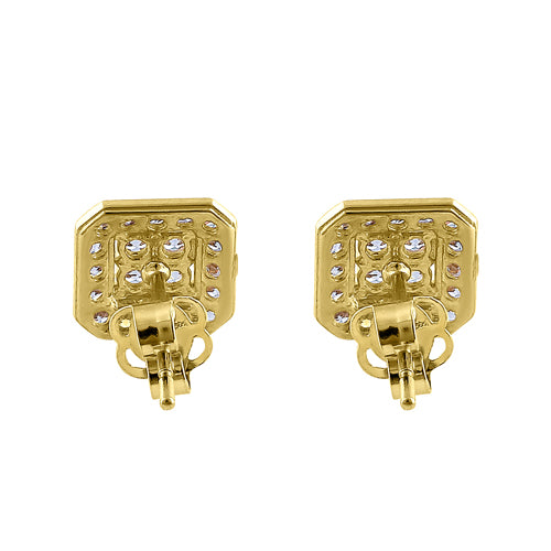 Solid 14K Yellow Gold Squared Halo Round CZ Earrings