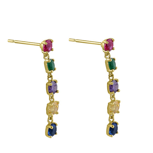 Solid 14K Yellow Gold Dangle Rainbow CZ Earrings