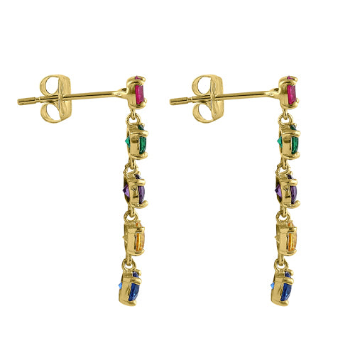 Solid 14K Yellow Gold Dangle Rainbow CZ Earrings