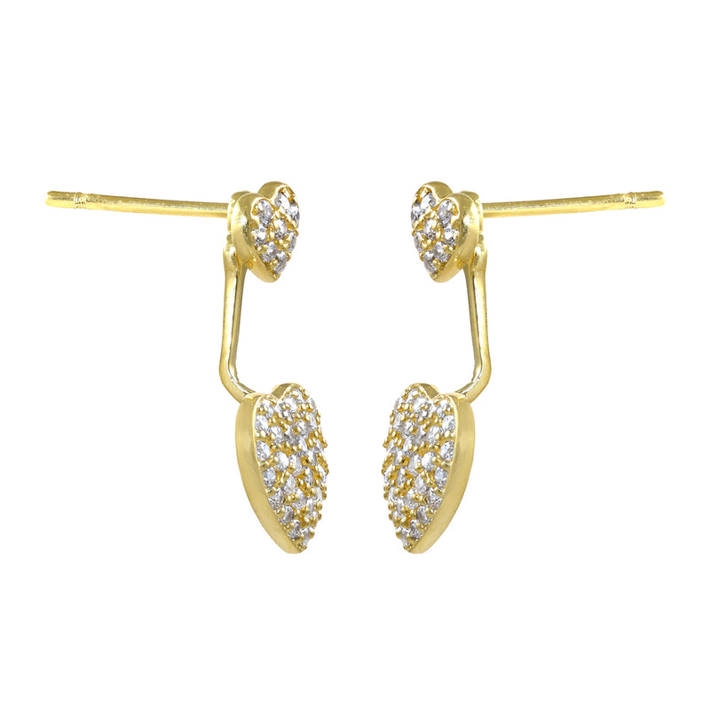 Solid 14K Gold Hearts and Bar Dangle CZ Earrings