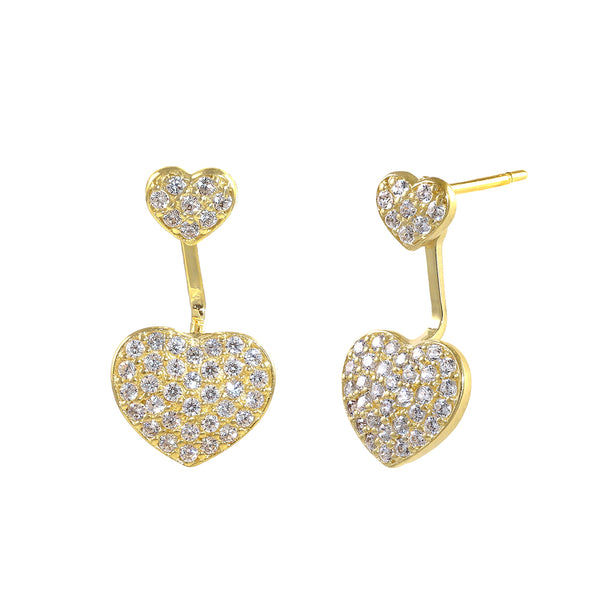Solid 14K Gold Hearts and Bar Dangle CZ Earrings