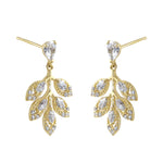 Solid 14K Gold Leaf Drop Dangle CZ Earrings