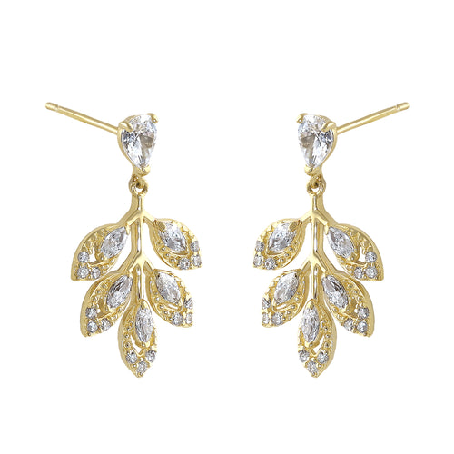 Solid 14K Gold Leaf Drop Dangle CZ Earrings
