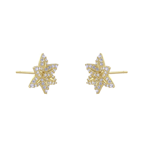 Solid 14K Gold 6-Petal Flower CZ Earrings