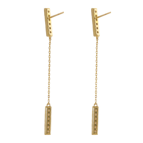 Solid 14K Gold Bar Chain Dangle CZ Earrings