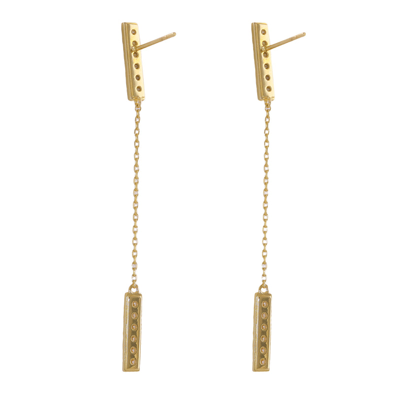 Solid 14K Gold Bar Chain Dangle CZ Earrings