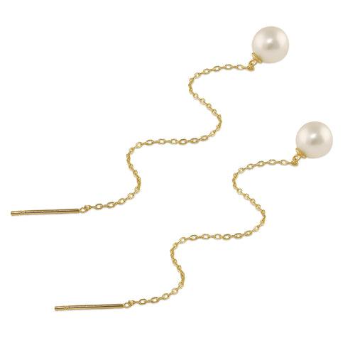 Solid 14K Gold Pearl Threader Earrings