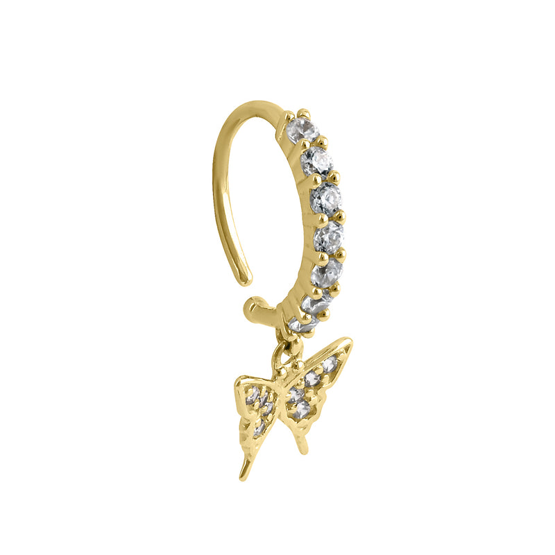 Solid 14K Gold CZ Butterfly Belly Button Hoop Ring