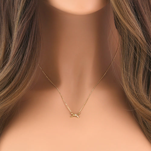 Solid 14K Yellow Gold X Shaped Knot Diamond Necklace