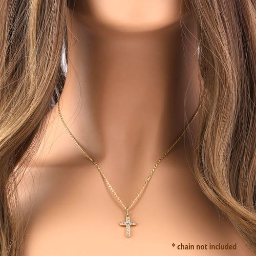 Solid 14K Yellow Gold Clear CZ Cross Pendant