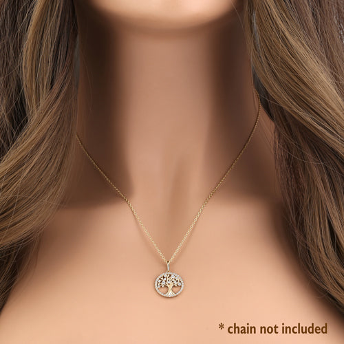 Solid 14K Yellow Gold Glitzy Tree of Life CZ Pendant