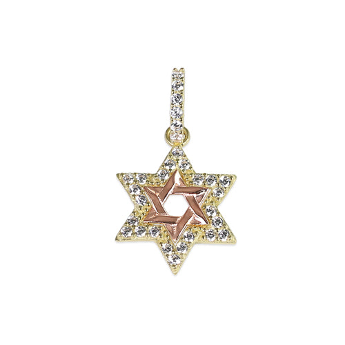 Solid 14k Multi-Gold Star of David CZ Pendant