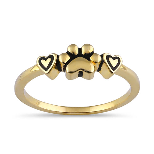 Solid 14K Gold Pet Love Paw & Hearts Ring