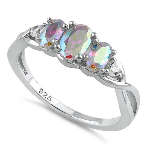 Sterling Silver Triple Oval Iridescent Rainbow CZ Ring