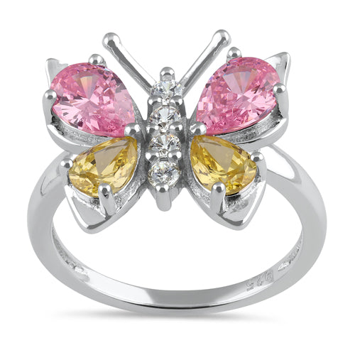 Sterling Silver Large Pink and Yellow CZ Butterfly Ring