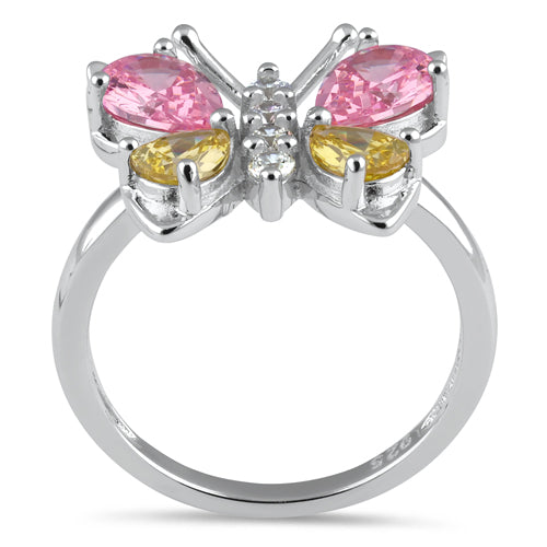 Sterling Silver Large Pink and Yellow CZ Butterfly Ring