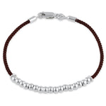 Sterling Silver Half Beads Brown Silk Rope Bracelet