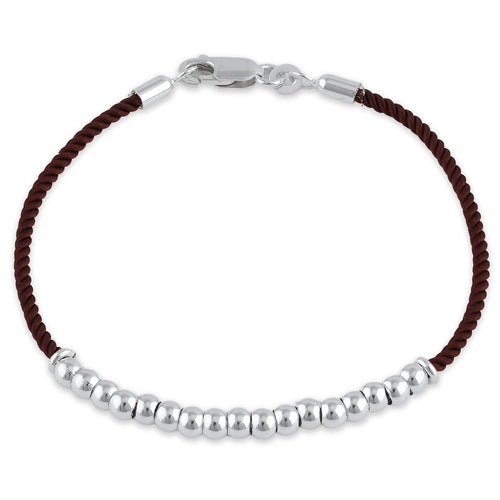 Sterling Silver Half Beads Brown Silk Rope Bracelet