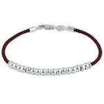 Sterling Silver Half Beads Brown Silk Rope Bracelet