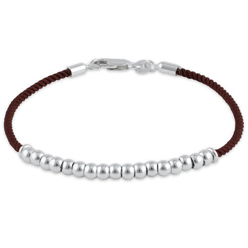 Sterling Silver Half Beads Brown Silk Rope Bracelet