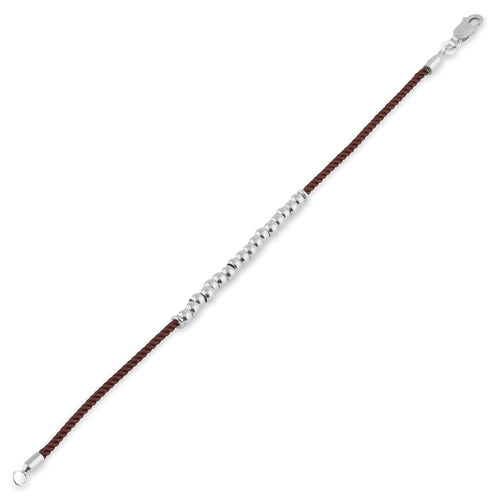 Sterling Silver Half Beads Brown Silk Rope Bracelet