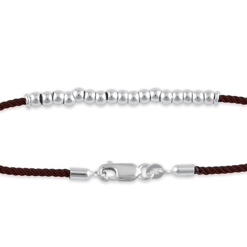 Sterling Silver Half Beads Brown Silk Rope Bracelet