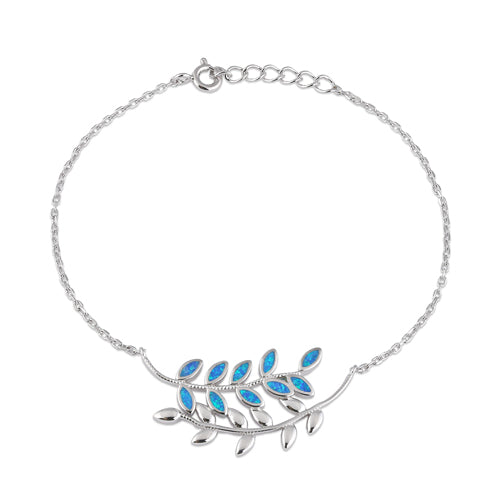 Serling Silver Blue Opal Trendy Leaf Bracelet