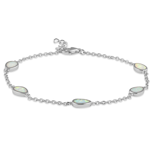 Sterling Silver Adjustable Dainty Chain Bracelet with White Lab Opal