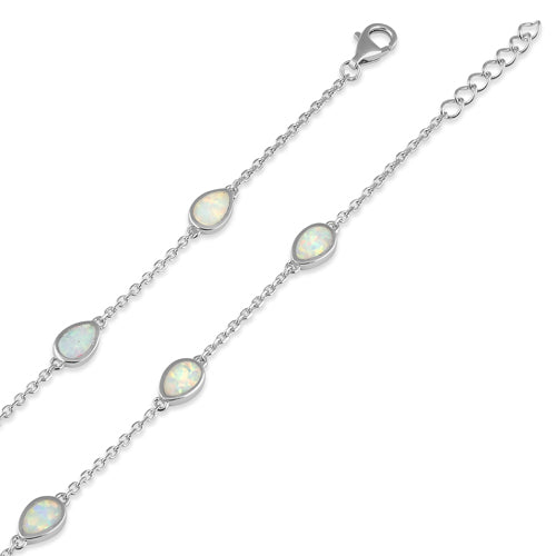 Sterling Silver Adjustable Dainty Chain Bracelet with White Lab Opal