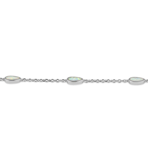 Sterling Silver Adjustable Dainty Chain Bracelet with White Lab Opal