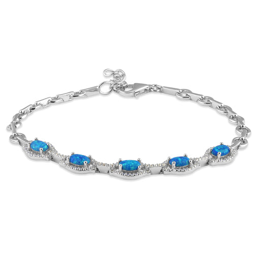 Sterling Silver Elegant Adjustable Blue Lab Opal Oval and CZ Bracelet