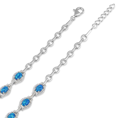 Sterling Silver Elegant Adjustable Blue Lab Opal Oval and CZ Bracelet