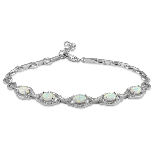 Sterling Silver Elegant Adjustable White Lab Opal Oval and CZ Bracelet