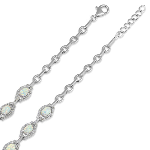 Sterling Silver Elegant Adjustable White Lab Opal Oval and CZ Bracelet