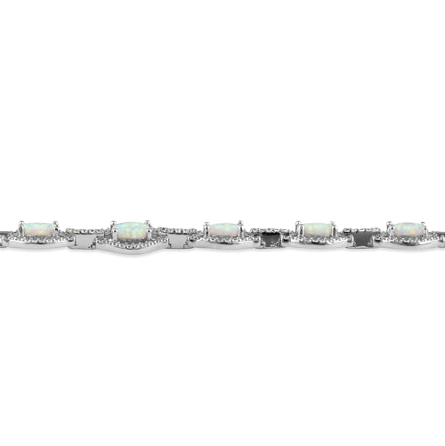 Sterling Silver Elegant Adjustable White Lab Opal Oval and CZ Bracelet