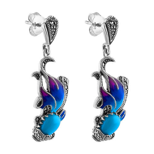 Sterling Silver Simulated Turquoise Fish Ghost Marcasite Earrings