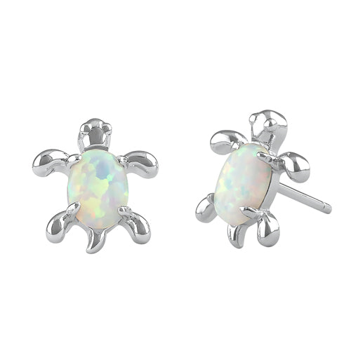 Sterling Silver White Lab Opal Turtle Stud Earrings