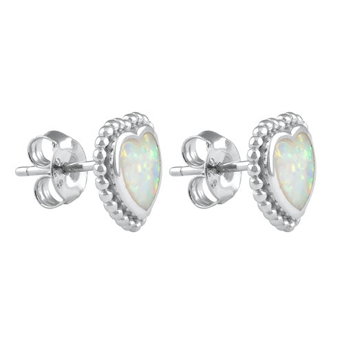 Sterling Silver White Lab Opal Heart Stud Earrings