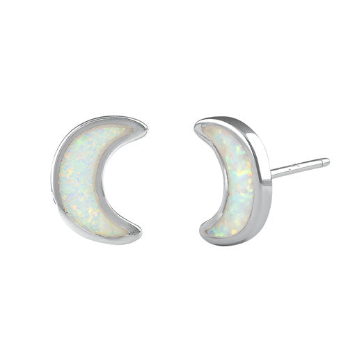 Sterling Silver White Lab Opal Crescent Moon Stud Earrings