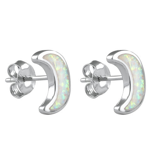 Sterling Silver White Lab Opal Crescent Moon Stud Earrings