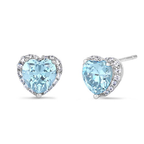 Sterling Silver Heart Shape Aquamarine CZ Earrings