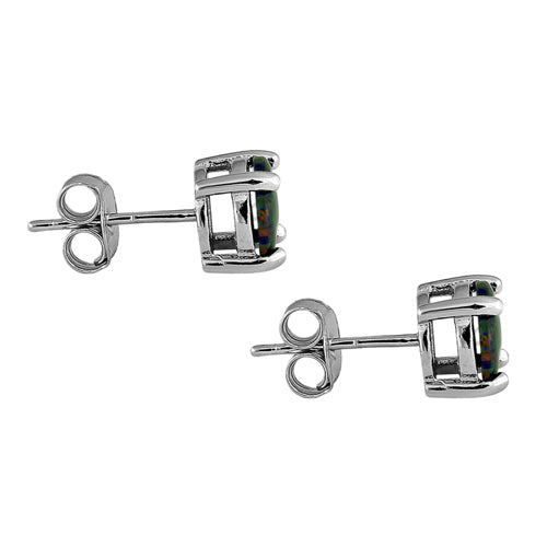 Sterling Silver Round Green-Black Lab Opal Stud Earrings