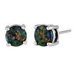 Sterling Silver Round Green-Black Lab Opal Stud Earrings