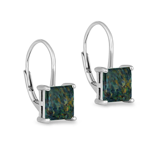 Sterling Silver Elegant Black Lab Opal Square Earrings