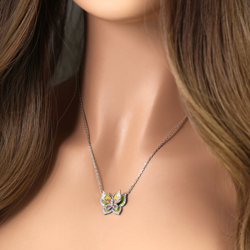 Sterling Silver Clear CZ Enamel Butterfly Necklace