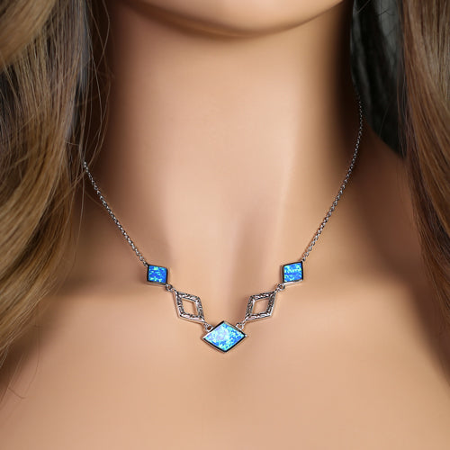 Sterling Silver Blue Lab Opal Greek Diamond Necklace