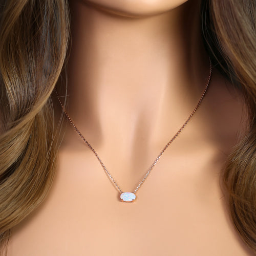 Sterling Silver Rose Gold Plated Oval White Lab Opal Necklace
